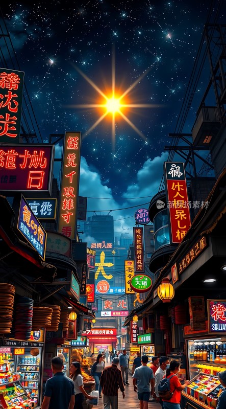 繁华夜市霓虹闪烁人间烟火气