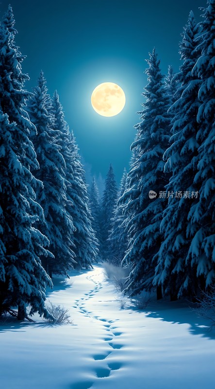 雪夜月下林间小径