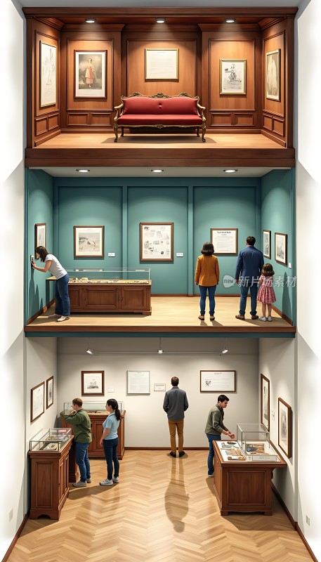 艺术馆内参观者欣赏画作与展品