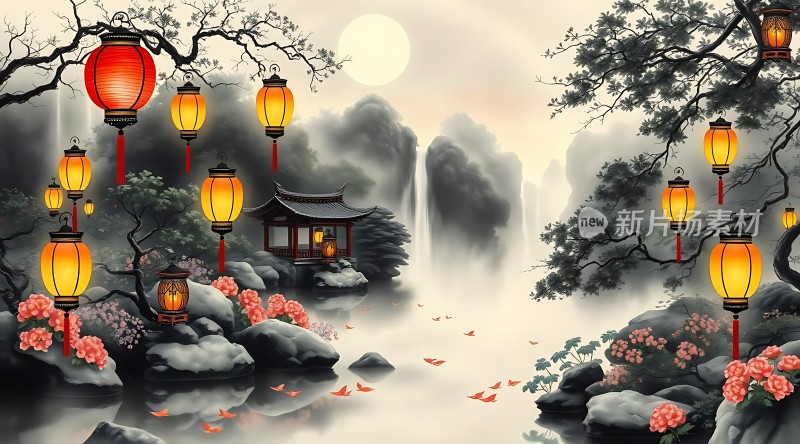 灯笼映照山水间花影摇曳入画来