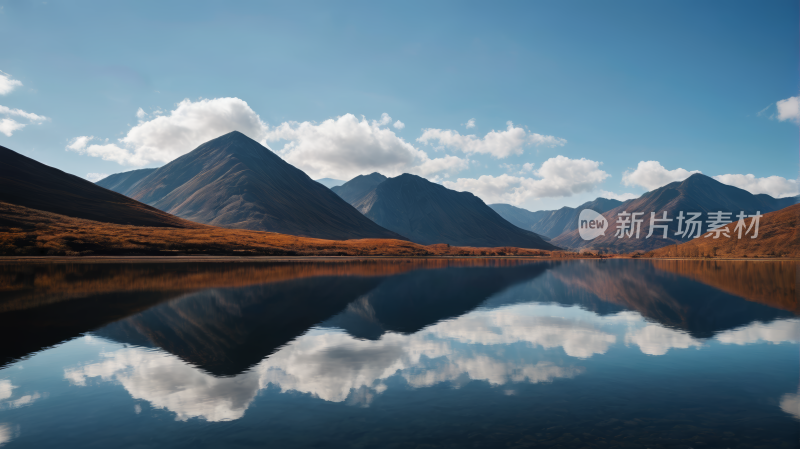 山倒映在蓝天云雾的湖泊中风景图片