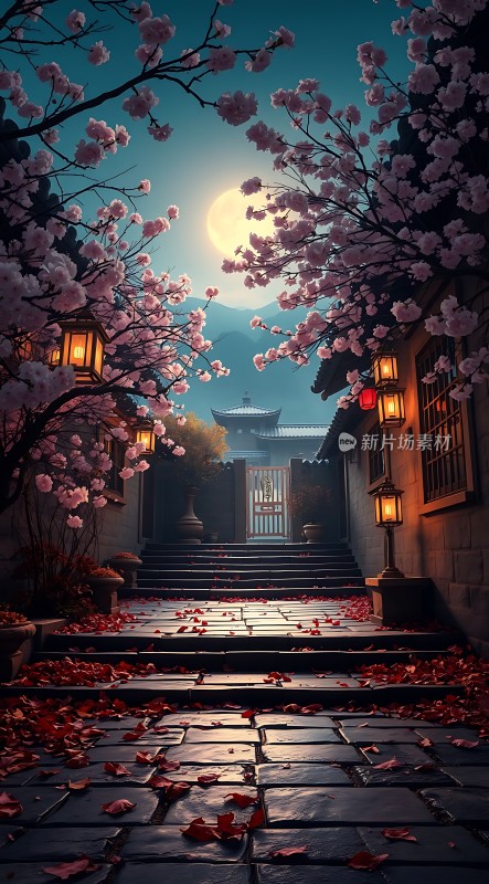 春夜月下古街梦