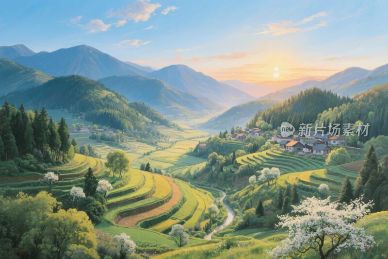 田园山水风景插画