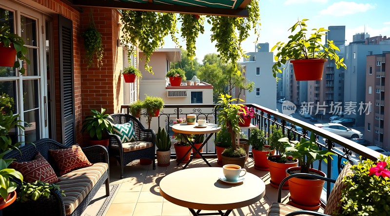 阳光午后绿意盎然的城市阳台休闲时光