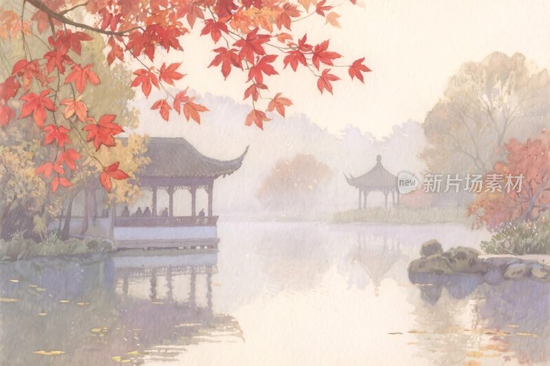 中式园林山水插画