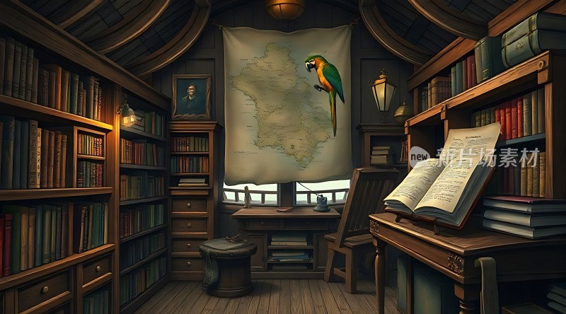 古色古香书房书架、地图、鹦鹉、木制家具