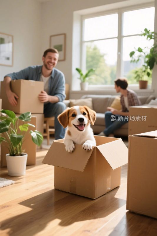 家庭搬家小狗纸箱画面