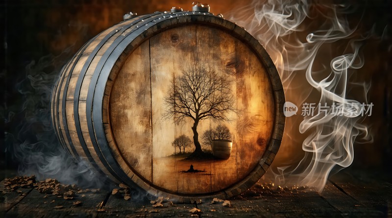 新片场素材木桶树影烟雾缭绕