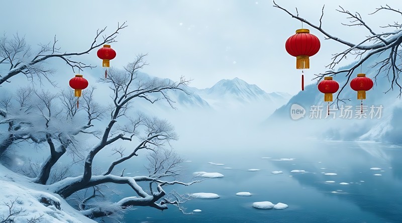 雪湖红梅映灯笼