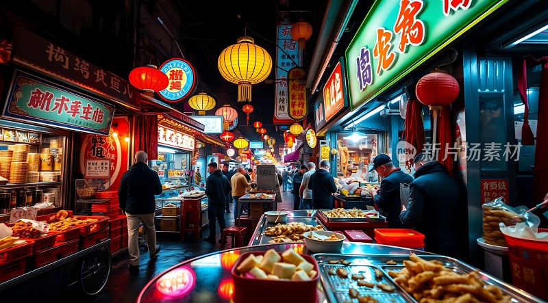 夜市繁华美食琳琅满目霓虹闪烁热闹非凡