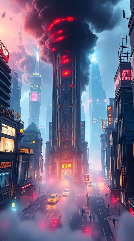 未来都市高楼林立霓虹闪烁云雾缭绕