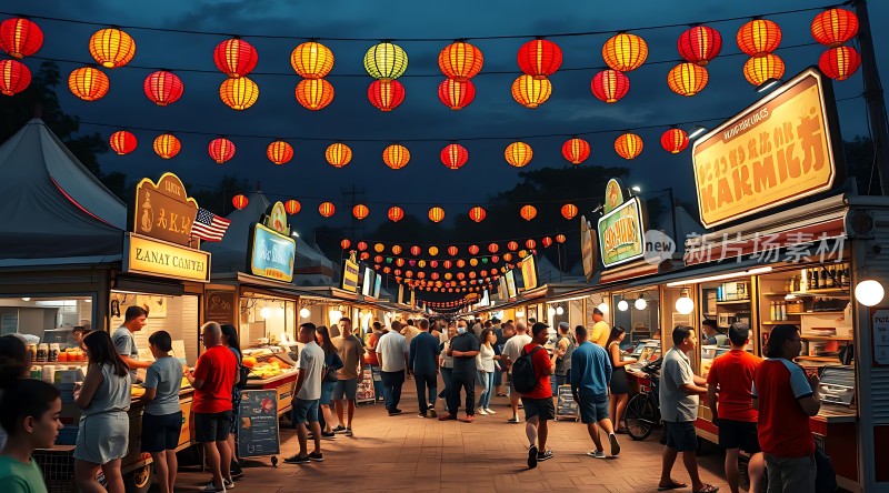 夜市美食狂欢节热闹非凡灯笼高挂人潮涌动