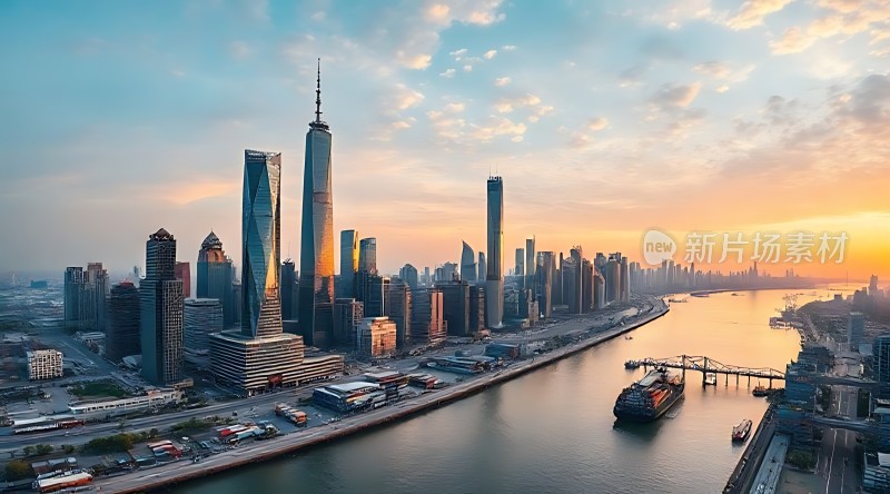 上海金融中心黄浦江畔日落美景