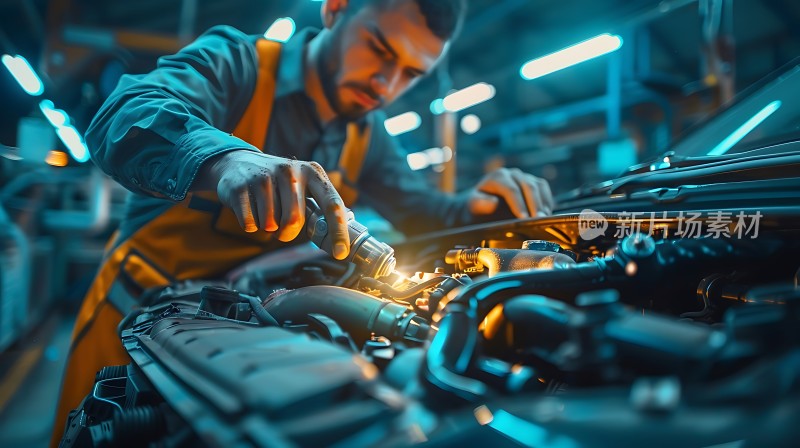 维修工人在车间内检查汽车引擎