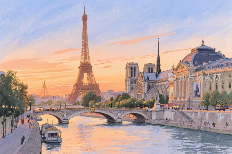 巴黎塞纳河风景插画