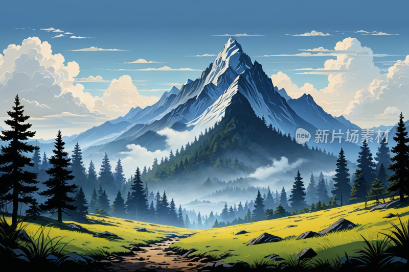 山一条小溪流过高清风景插画图片