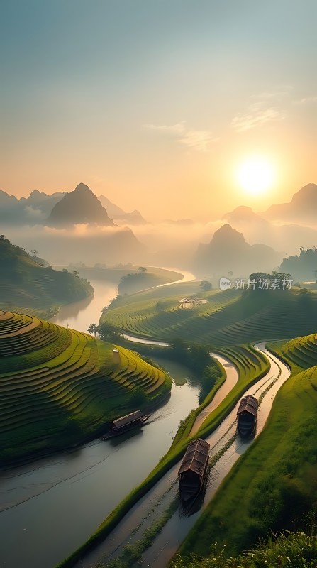 梯田晨曦山水画卷