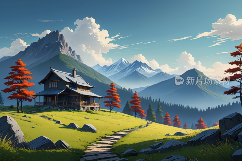 山间小屋树木的高清风景插画图片