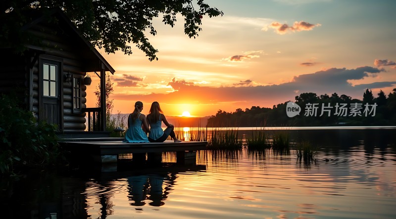 湖边日落下的温馨时刻