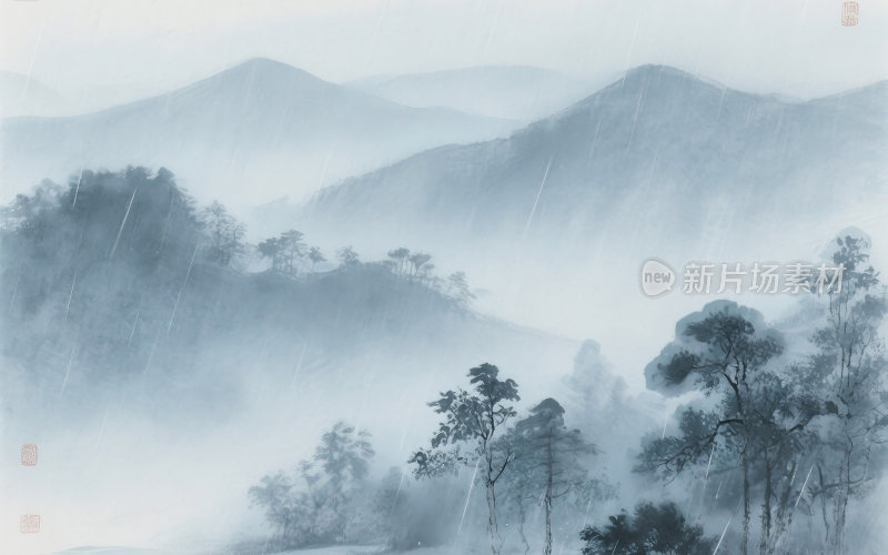 谷雨中国风山水插画
