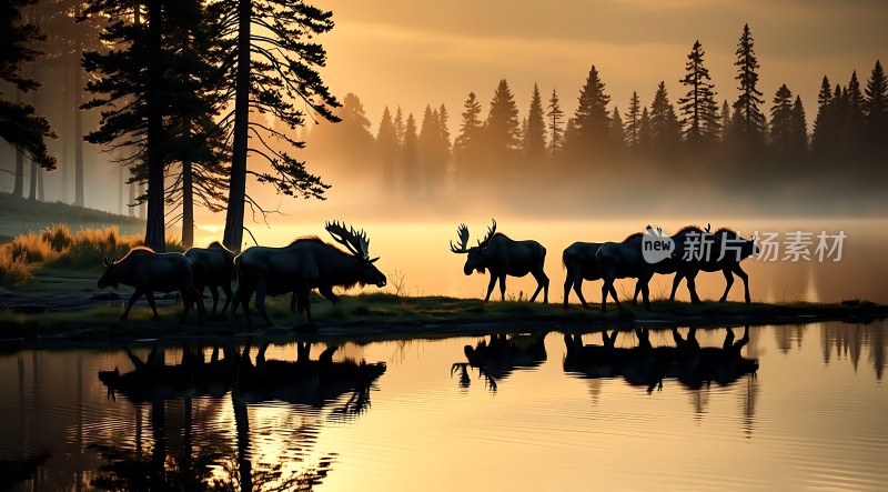 晨雾中的麋鹿群