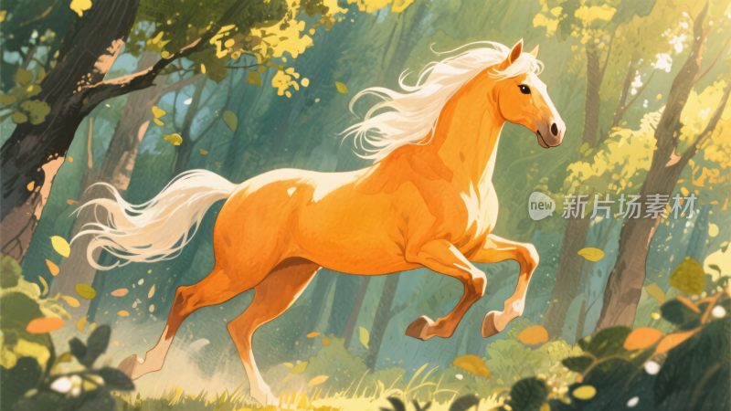 林中奔跑的金色骏马
