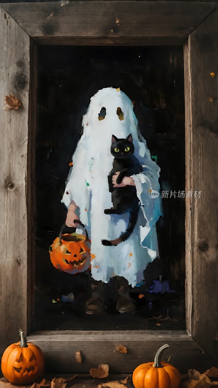 万圣节幽灵与黑猫南瓜灯
