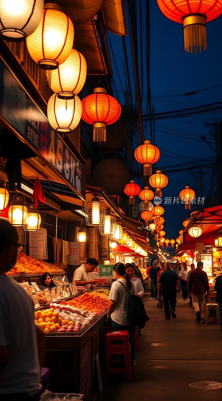 夜市灯笼下的繁华街景