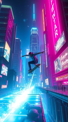 霓虹城市滑板少年