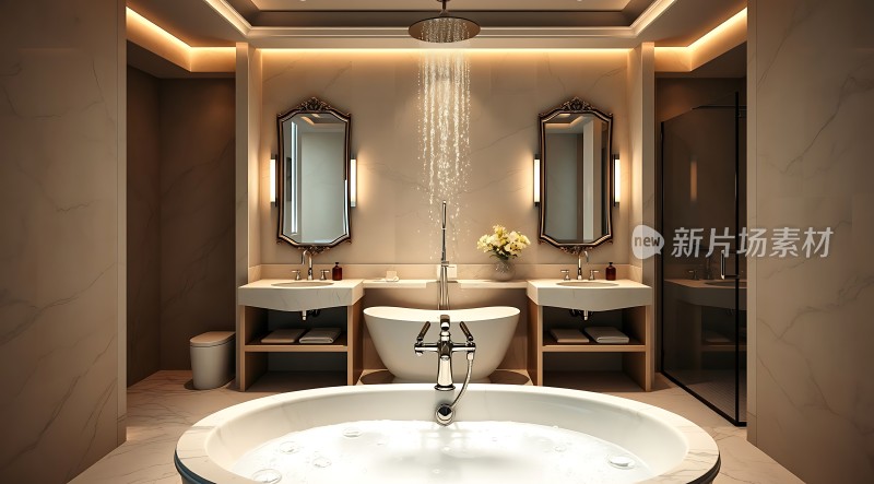 现代浴室设计双洗手台与浴缸