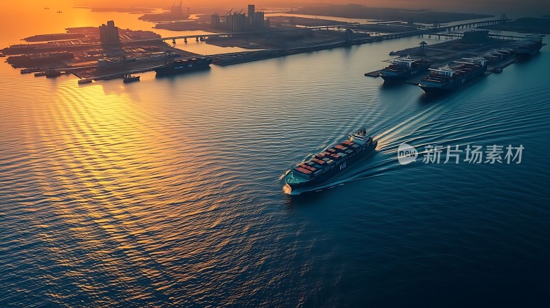 日落下的集装箱船与港口