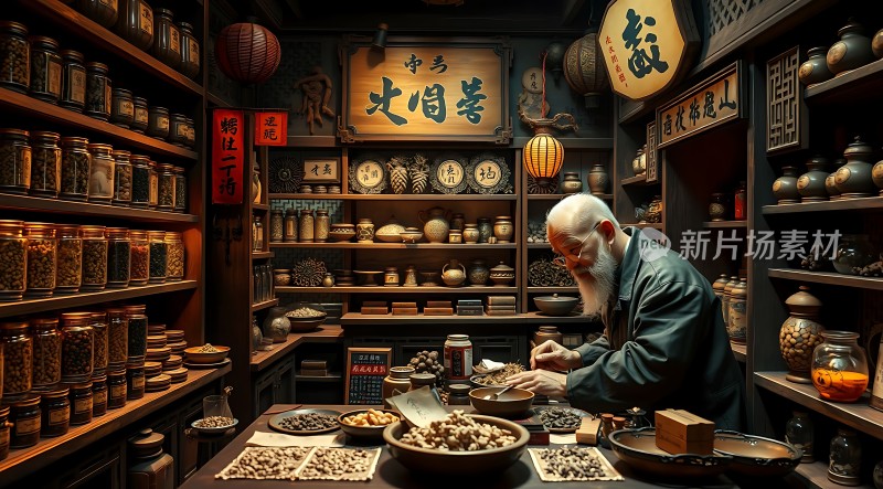 古法中药铺里的老中医在认真调配药材