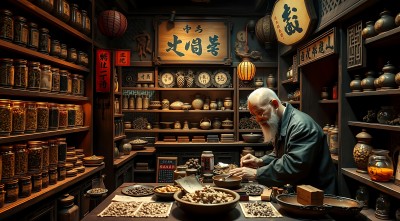 古法中药铺里的老中医在认真调配药材 古法中药铺里的老中医在认真调配药材