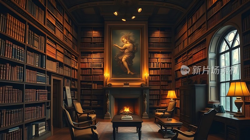 古色古香书房书架、壁炉与艺术画作