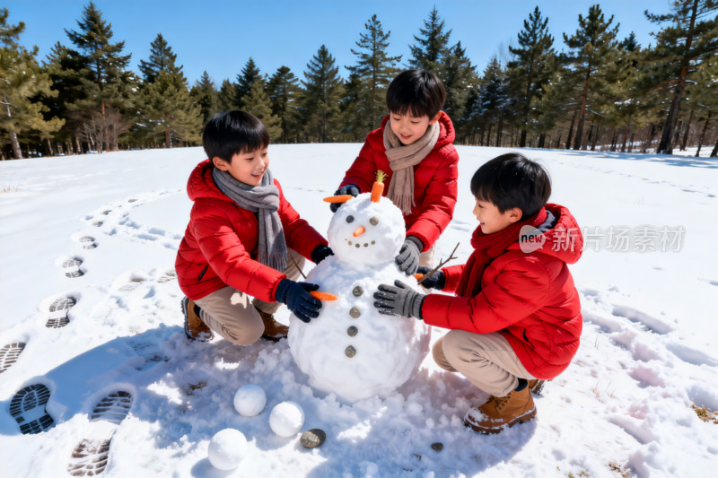 孩童雪地堆雪人欢乐场景