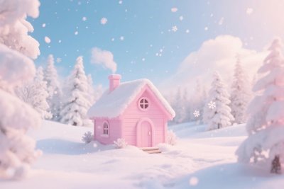 粉色童话小屋雪景