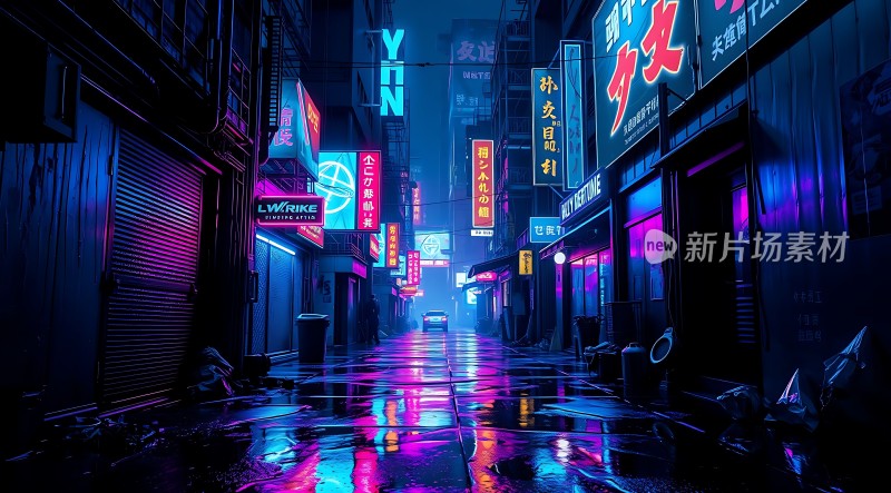 霓虹灯下的雨夜街头