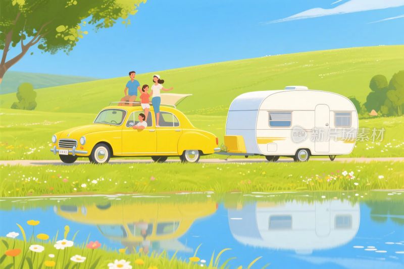 一家人自驾房车出游插画