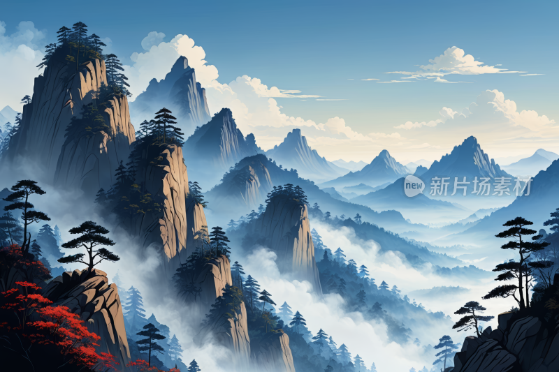 山景有几棵树高清风景插画图片