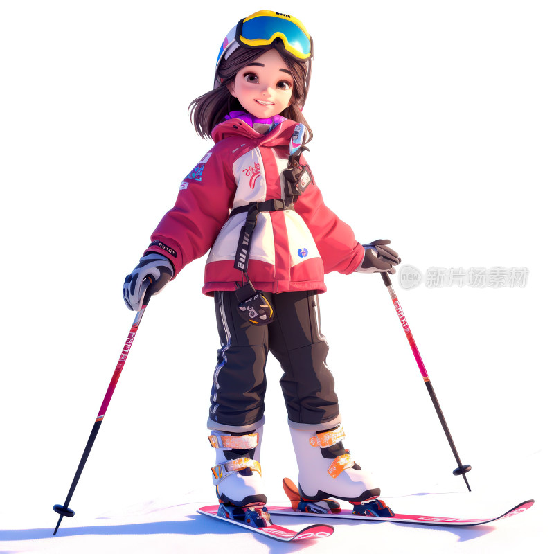 冬季雪地滑雪的男孩女孩3D卡通人物插画