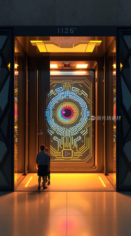 未来科技电梯神秘眼睛图案引人探索