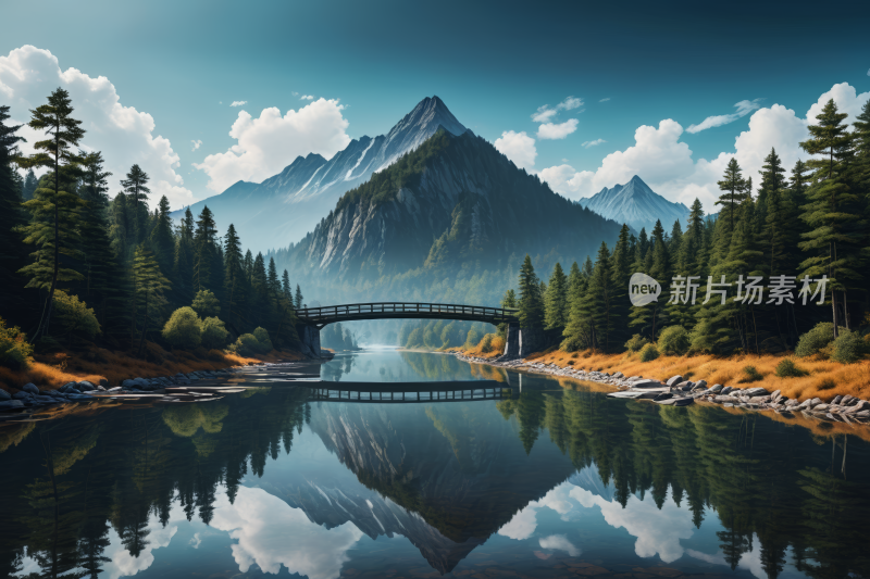 森林中央一座横跨河流的桥梁高清风景插画