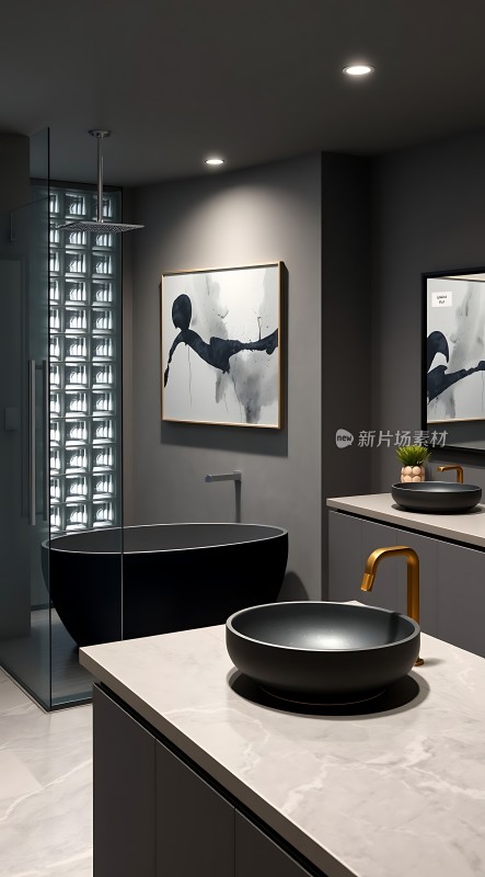 现代浴室设计黑色浴缸与洗手台简约风格