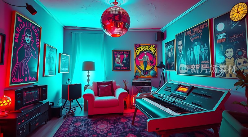 霓虹灯光下的复古音乐工作室
