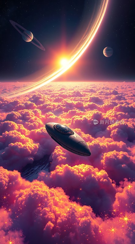 星际飞船穿越云海探索未知宇宙