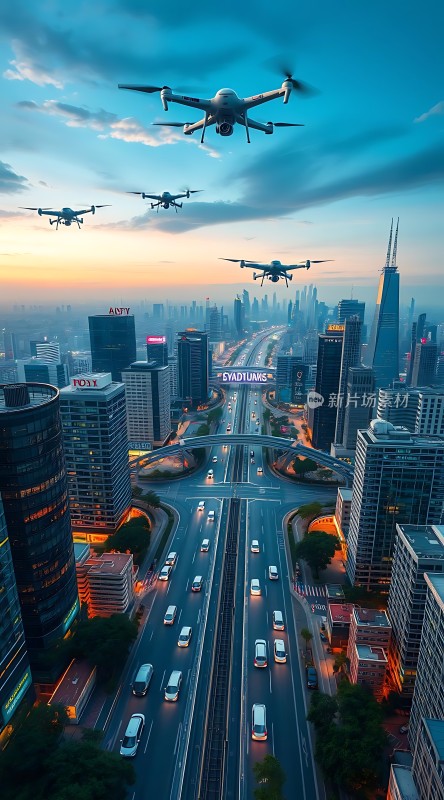 未来之城无人机与摩天大楼共舞