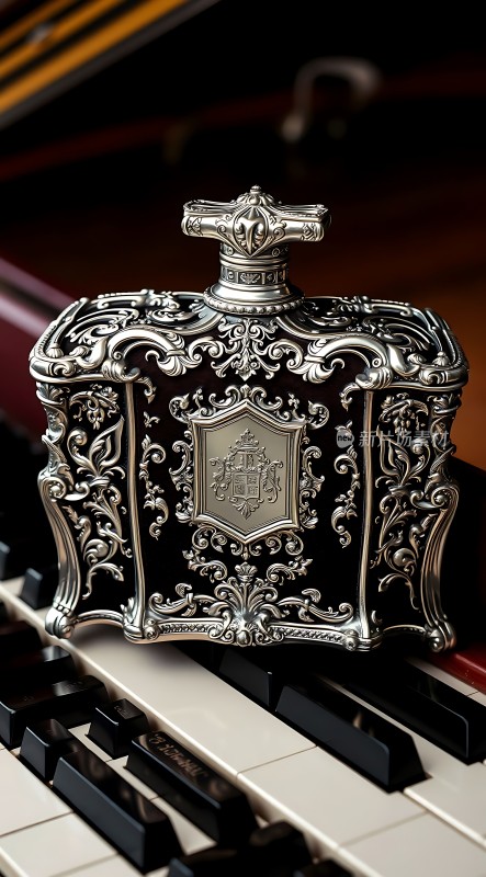 银色香水瓶与钢琴键
