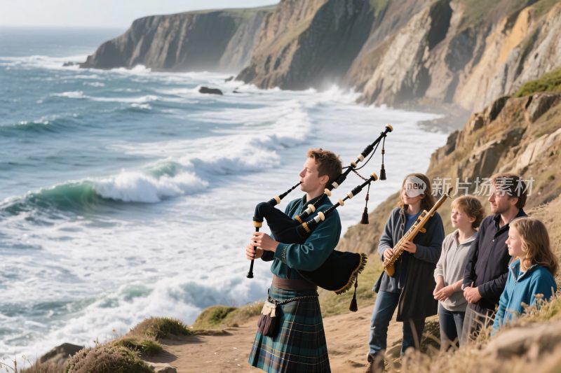 海边袋笛演奏场景