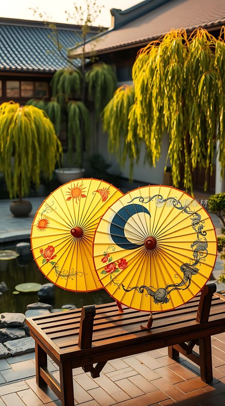 古风庭院下的油纸伞