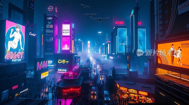 霓虹灯下的繁华都市夜景